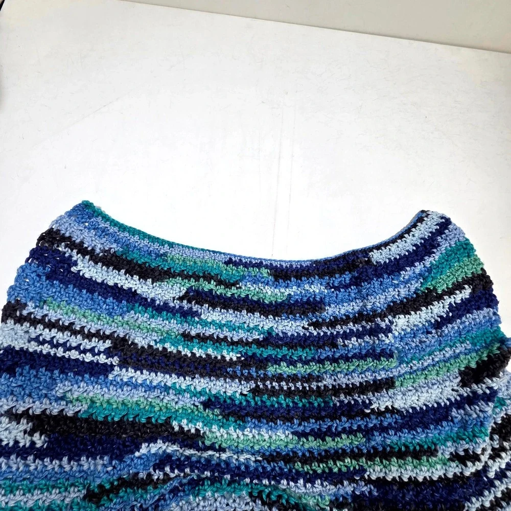 Handmade Crochet Curved Top Cowl Neck Wrap Blue Teal Navy Green Striped Yarn